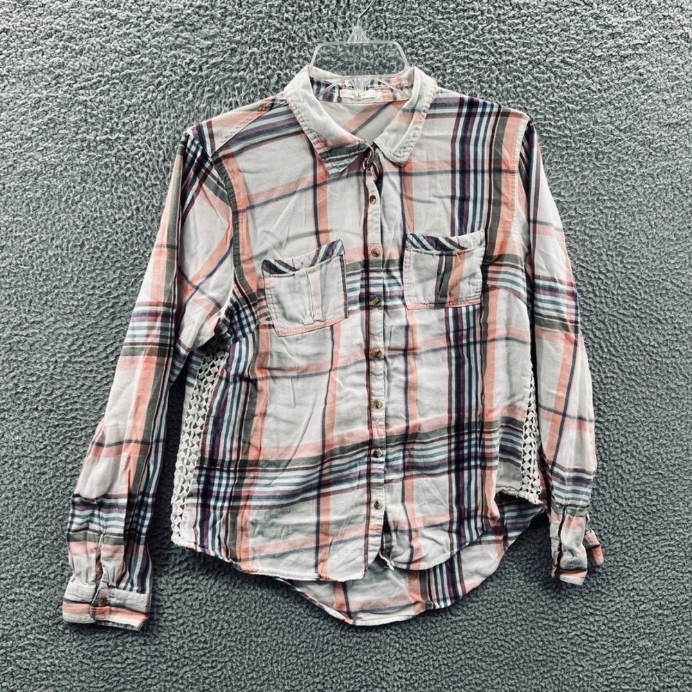 Maurices Women Top Large White Pink Plaid Button Front Boho Casual Fall Layering